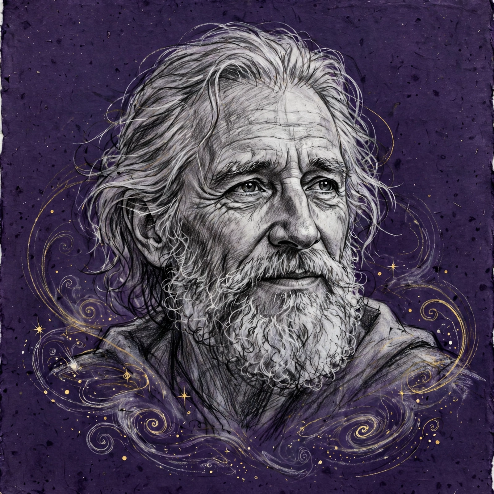 Sample TrueSketch portrait: older man, charcoal sketch on violet